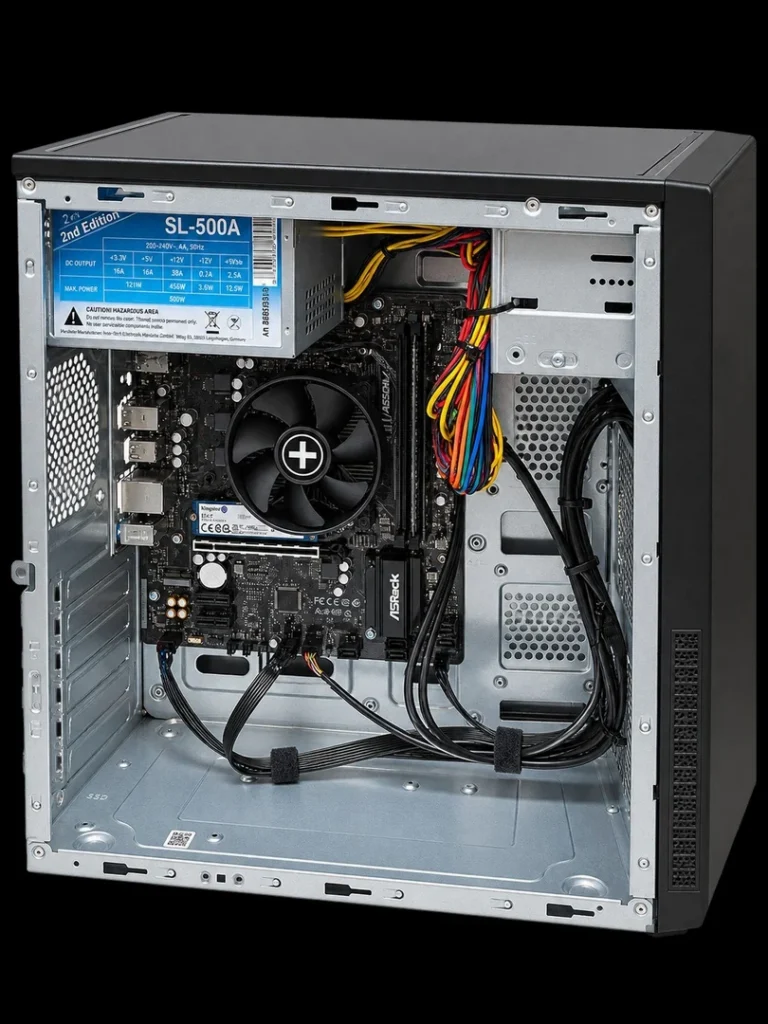 Geöffneter Selbstbau-PC mit Mainboard, Kühler, Arbeitsspeicher und Netzteil