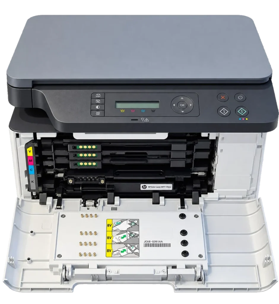 Geöffneter HP Color Laser MFP 178nwg mit sichtbarem Tonerbereich