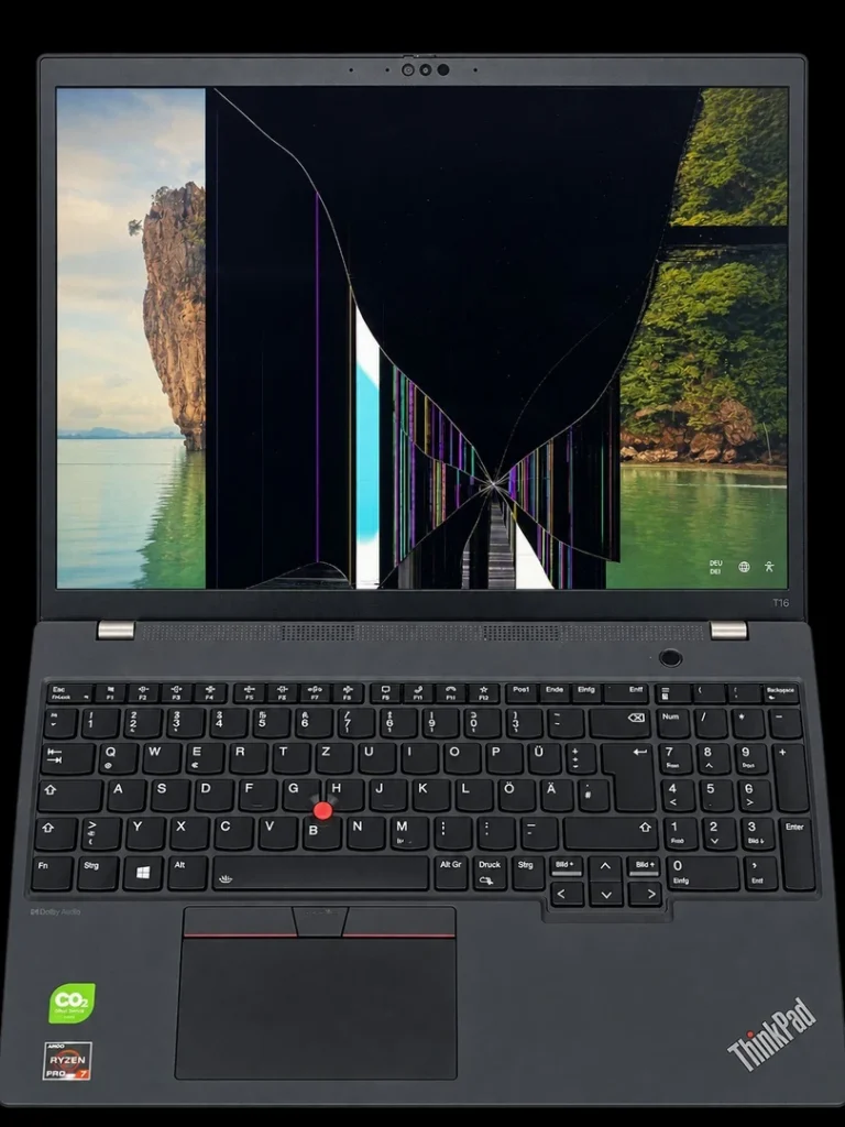 Lenovo ThinkPad T16 mit gebrochenem Display und starken Bildfehlern