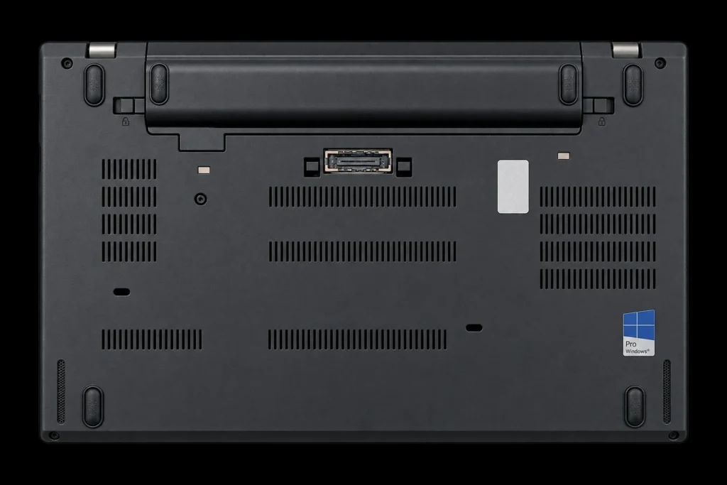 Unterseite eines schwarzen Lenovo ThinkPad Notebooks